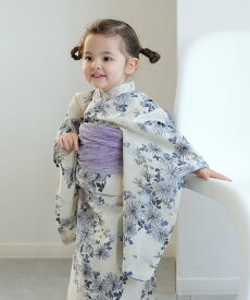 ひよこ商店 ひよこ商店 子供浴衣3点セット 女の子 きなりに青藤色の連なる小菊 ウタタネ 着物・浴衣・和装小物 浴衣 ホワイト【送料無料】