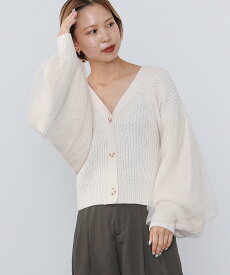 BEAMS HEART WOMEN BEAMS HEART / 袖チュール 片畦ニットカーディガン ビームス ハート トップス カーディガン ホワイト ブラウン ネイビー【送料無料】