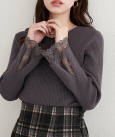 【SALE／10%OFF】natural couture 前後2WAY袖口レースリブニット ナチュラルクチュール トップス ニット ベージュ ホワイト ブルー ブラック グレー ワインレッド