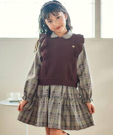 SLAP SLIP 【お揃い】チェック花柄コーデュロイワンピース+ニットベスト2点セット(80~130cm) ベベ オンライン ストア ワンピース・ドレス ワンピース ホワイト ブラック【送料無料】