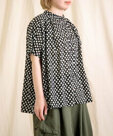 Brocante 【インドプリント フロンセシャツ】シアー素材｜エアリーブラウス｜清涼感｜水洗い可 ドミンゴ トップス シャツ・ブラウス ブラック グレー イエロー【送料無料】