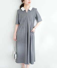 natural couture WEB限定 /【mamamo】配色衿5分袖カットワンピース ナチュラルクチュール ワンピース・ドレス その他のワンピース・ドレス ブラック グレー ベージュ【送料無料】