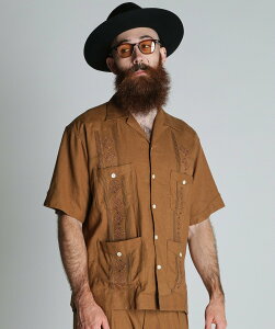 Schott LINEN GUAYABERA SHIRT/���l�� �L���[�o�V���c �V���b�g �g�b�v�X �V���c�E�u���E�X �u���b�N �x�[�W�� �J�[�L�O���[���y���������z