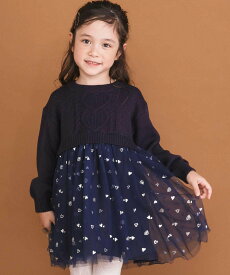 SLAP SLIP ニット*チュールハートたっぷり切替ワンピース(80~130cm) ベベ オンライン ストア ワンピース・ドレス ワンピース ネイビー ホワイト【送料無料】