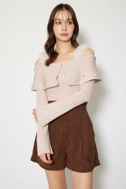 rienda ショルダーフェイクファービジューニットトップス リエンダ トップス ニット ピンク ブラック ホワイト【送料無料】