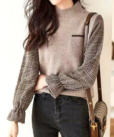 【SALE／57%OFF】Amulet 【Amulet】チェック袖切り替えニット アミュレット トップス ニット ブラック ブラウン ベージュ