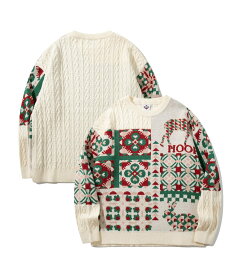 【SALE／20%OFF】HOOK HOOK -original- 北欧模様パッチワーク風ニット アイモハ トップス ニット グリーン レッド ベージュ【送料無料】