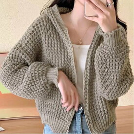 【SALE／30%OFF】Aimoon ニットパーカー 秋冬 カーディガン 韓国 ミニミニストア トップス ニット ホワイト グレー ピンク ベージュ