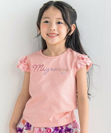 BeBe シフォンフラワー袖ラインストーンTシャツ(90~150cm) ベベ オンライン ストア トップス カットソー・Tシャツ オレンジ グリーン【送料無料】