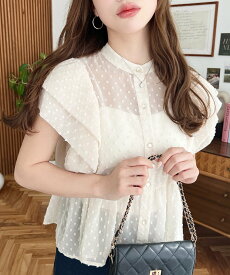 moment+ ファンシードットダブルバルーンスリーブペプラムブラウス モーメントプラス トップス シャツ・ブラウス ブラック ベージュ ホワイト【送料無料】