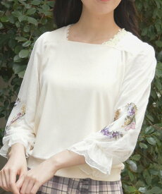 axes femme チューリップ刺繍七分袖プルオーバー アクシーズファム トップス カットソー・Tシャツ グリーン ベージュ【送料無料】
