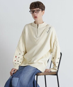 AVIREX �s���c�X����tBOTTLE NECK SLEEVE EMBROIDERY TOPS/�{�g���l�b�N �A���B���b�N�X �g�b�v�X �j�b�g �z���C�g �u���b�N �u���E���y���������z