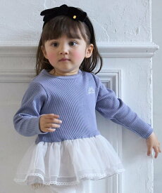 petit main チュールペプラムロゴ長袖Tシャツ ナルミヤオンライン トップス カットソー・Tシャツ グレー ピンク ブルー