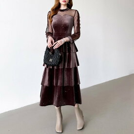 COCOMOMO パーティードレス ティアードベロアワンピース 結婚式 ワンピース レース ココモモ ワンピース・ドレス ドレス ブラック ブラウン カーキグリーン ネイビー ブルー【送料無料】