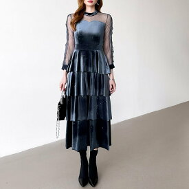 COCOMOMO パーティードレス ティアードベロアワンピース 結婚式 ワンピース レース ココモモ ワンピース・ドレス ドレス ブラウン カーキグリーン ネイビー ブルー ブラック【送料無料】