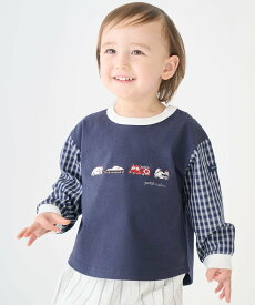 petit main 働く車 袖布帛長袖Tシャツ ナルミヤオンライン トップス カットソー・Tシャツ ホワイト ネイビー