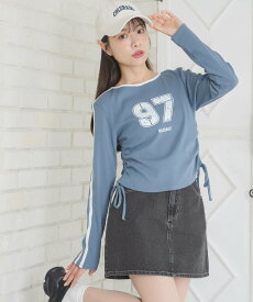 【SALE／34%OFF】ems excite 袖ラインドロストTEE レトロガール トップス カットソー・Tシャツ ブルー ホワイト