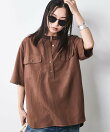 レーヨン麻衿リブハーフスリーブブラウス<大きいサイズ有>シックスタイル