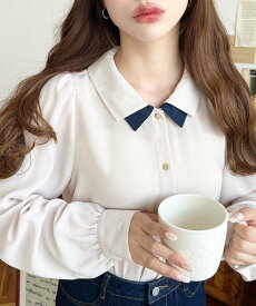 moment+ シフォンジョーゼット配色ダブルカラー長袖ブラウス モーメントプラス トップス シャツ・ブラウス ベージュ ホワイト ネイビー ブラック【送料無料】