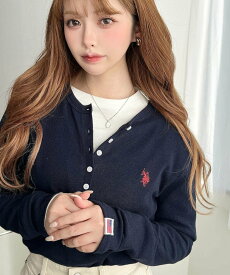moment+ U.S.POLO ASSN.ワンポイント刺繍長袖テレコリブヘンリーネックプルオーバー モーメントプラス トップス カットソー・Tシャツ ネイビー グレー ホワイト ブラック【送料無料】
