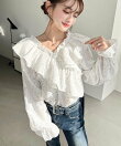 2WAYオフショルフリル長袖花柄ブラウス
