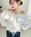 2WAYオフショルフリル長袖花柄ブラウス