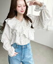 2WAYオフショルフリル長袖花柄ブラウス