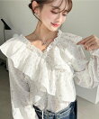 2WAYオフショルフリル長袖花柄ブラウス