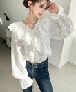 2WAYオフショルフリル長袖花柄ブラウス