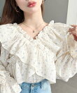 2WAYオフショルフリル長袖花柄ブラウス