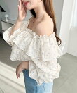 2WAYオフショルフリル長袖花柄ブラウス
