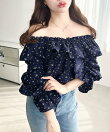 2WAYオフショルフリル長袖花柄ブラウス