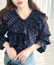 2WAYオフショルフリル長袖花柄ブラウス