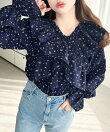 2WAYオフショルフリル長袖花柄ブラウス