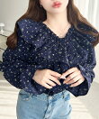 2WAYオフショルフリル長袖花柄ブラウス