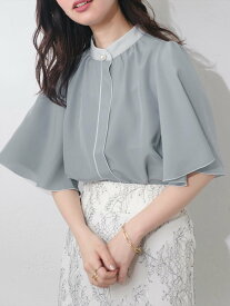 natural couture 【WEB限定】パール釦ポイントバイカラーフレア5分袖ブラウス ナチュラルクチュール トップス シャツ・ブラウス ブルー ホワイト ブラック ネイビー ピンク ベージュ