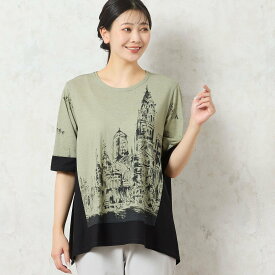 【SALE／45%OFF】missel 【洗える・日本製・綿100%】街並み柄コットンTシャツ ミゼール トップス カットソー・Tシャツ ベージュ ブラック【送料無料】