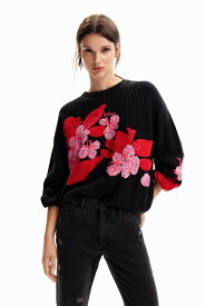 【SALE／50%OFF】Desigual 花刺繍 セーター デシグアル トップス ニット ブラック【送料無料】