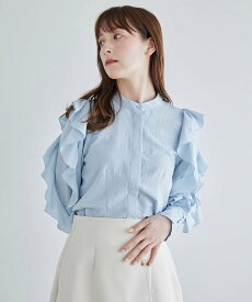 【SALE／30%OFF】Feroux 【洗える】ワッシャーエステルバンドカラーフリル ブラウス フェルゥ トップス シャツ・ブラウス ブルー ホワイト グレー ピンク【送料無料】