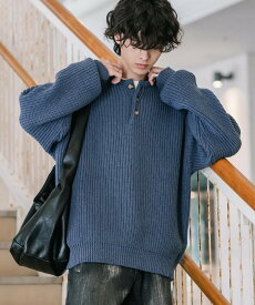 Rocky Monroe 新色追加 オーバーサイズ畦編みヘンリーネックニットセーター ロッキーモンロー トップス ニット ブルー グレー ブラウン ベージュ ブラック イエロー ワインレッド ネイビー ホワイト【送料無料】