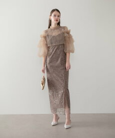 Leja フリルチュールスパンコールフローラルIラインワンピースドレス結婚式オケージョン レジャ ワンピース・ドレス ドレス グレー【送料無料】