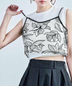 FashionLetter 花柄チュールビスチェ ビーフラット トップス キャミソール ブラック ベージュ