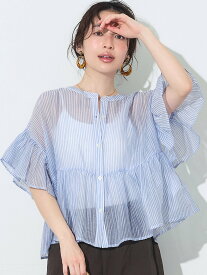 【SALE／50%OFF】coca ストライプシアーフリルブラウス コカ トップス シャツ・ブラウス ブルー イエロー