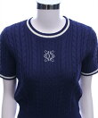 配色ラインワンポイント刺繍ニットトップス