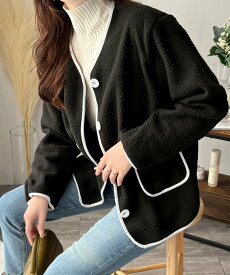 【SALE／58%OFF】Dewlily 【Dewlily】配色ラインノーカラーコート アミュレット ジャケット・アウター ノーカラージャケット ベージュ ブラック