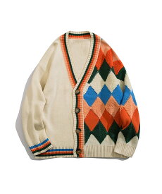 【SALE／20%OFF】HOOK HOOK/(U)【HOOK】アシンメトリー カラフルなアーガイル幾何学模様リンガーカーディガン アイモハ トップス カーディガン ベージュ【送料無料】