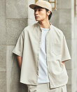 速乾素材 リラックスフィット バンドカラーシャツ ショートスリーブ リネン風