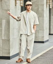速乾素材 リラックスフィット バンドカラーシャツ ショートスリーブ リネン風