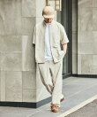 速乾素材 リラックスフィット バンドカラーシャツ ショートスリーブ リネン風