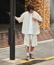 速乾素材 リラックスフィット バンドカラーシャツ ショートスリーブ リネン風